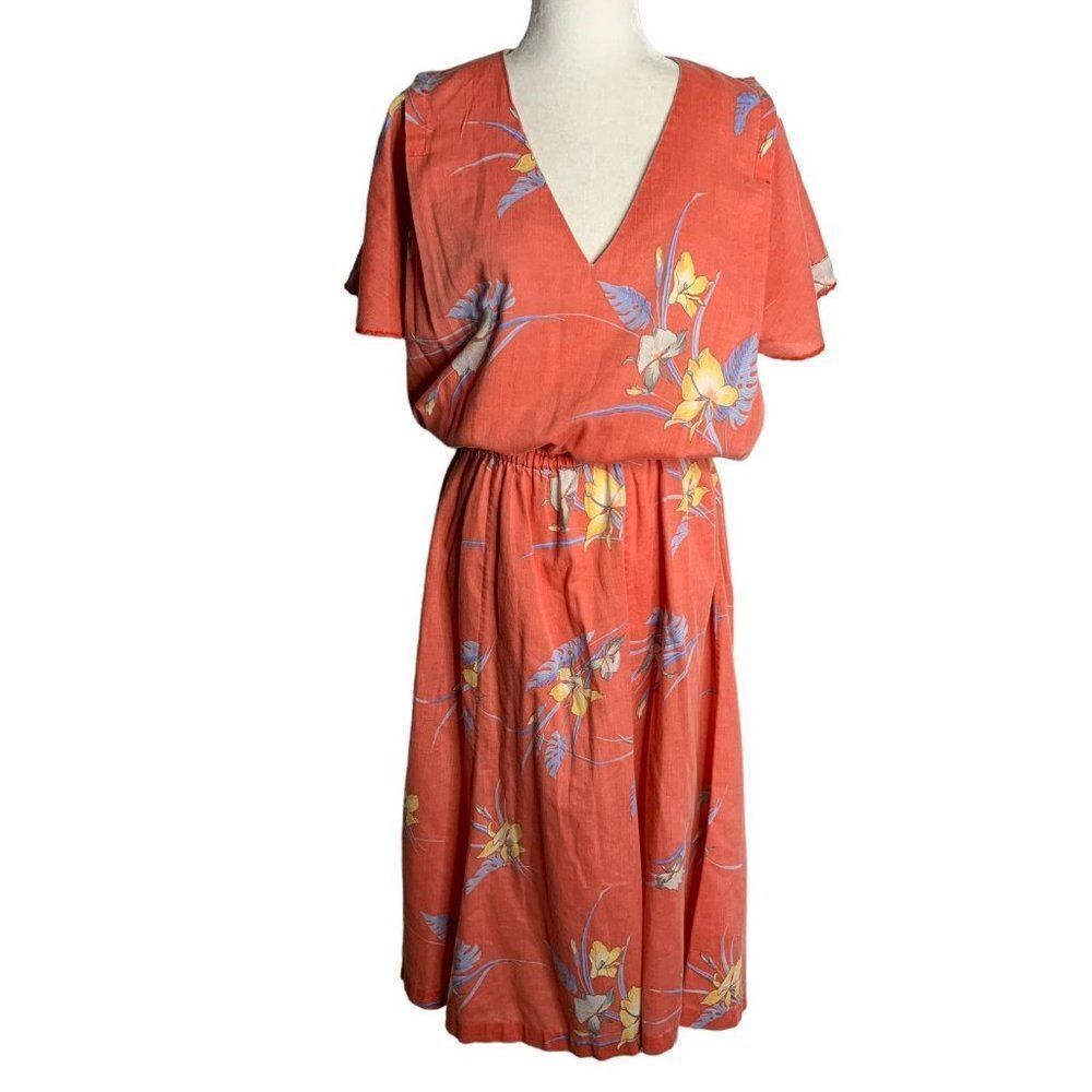 Vintage 70s Tropical Floral Midi Dress M Red V Neck Flutter Sleeve Vacation